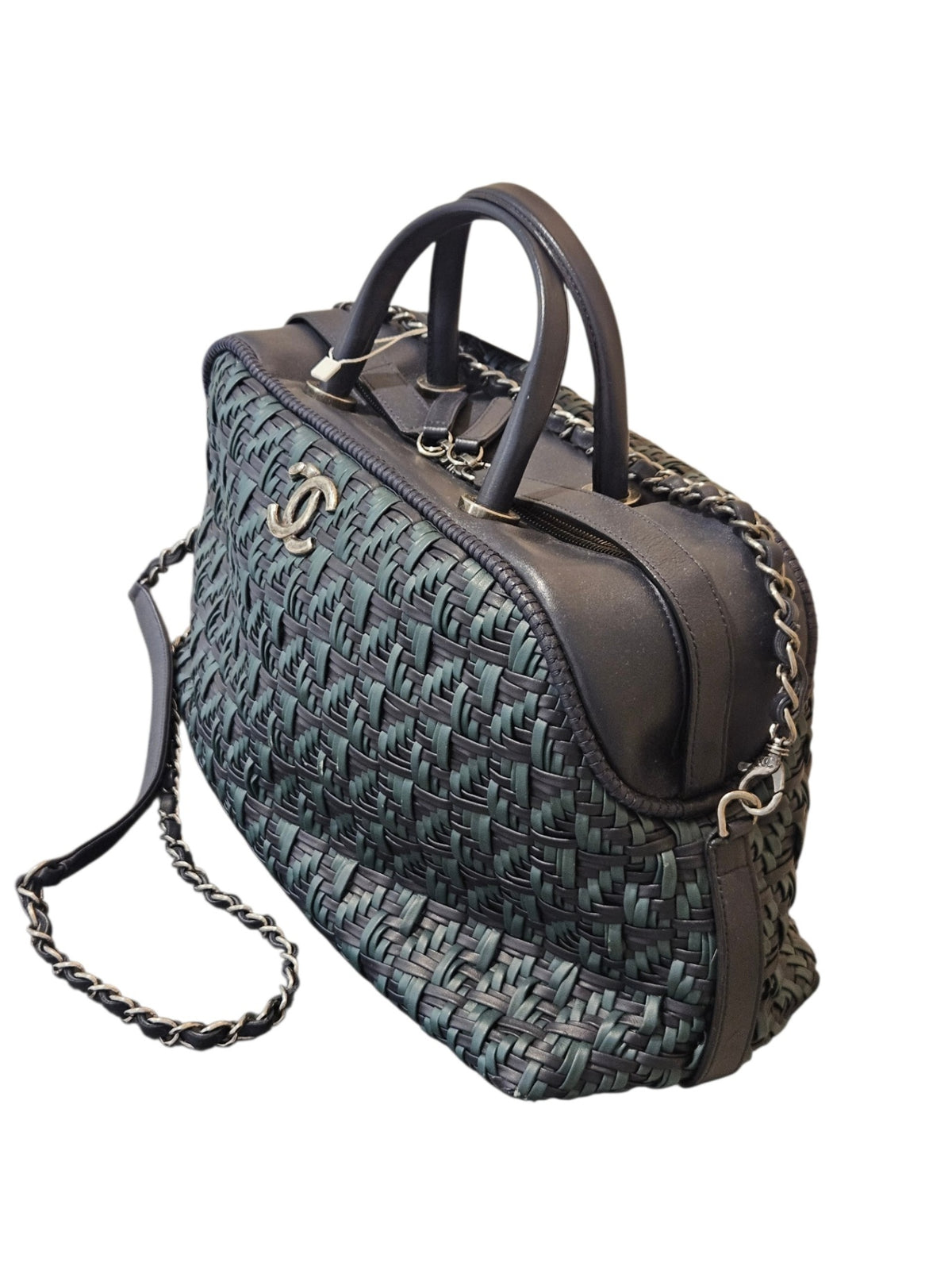 Chanel CC Woven Bowling Bag Bolsos Medium Black and teal