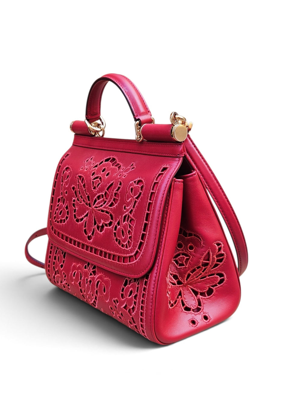 Dolce & Gabbana 'Sicily' Red Leather Laser-Cut Floral Satchel Bag Bolsos de mujer Red