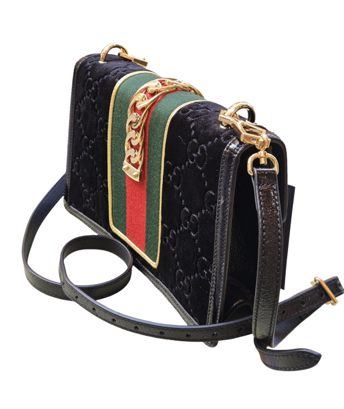 Gucci Sylvie Web Chain Shoulder Bag (Black GG Velvet)