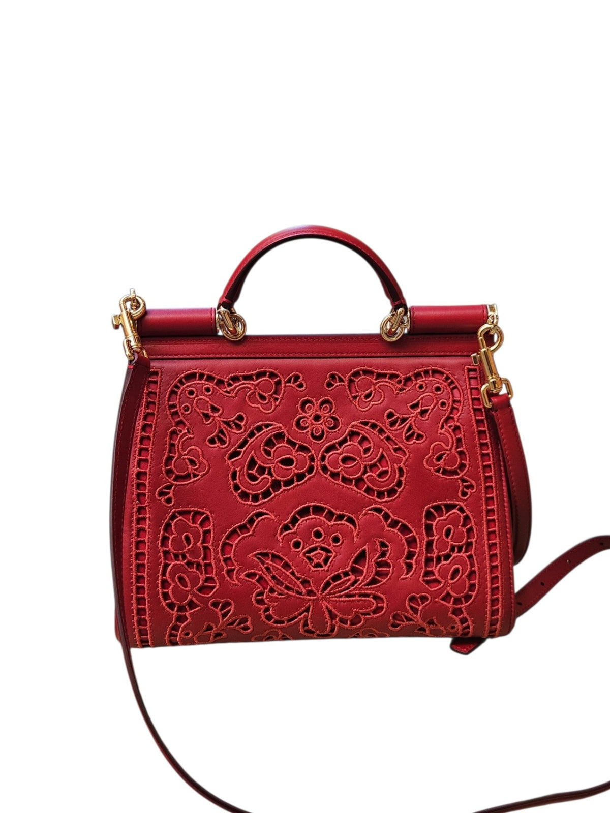 Dolce & Gabbana 'Sicily' Red Leather Laser-Cut Floral Satchel Bag Bolsos de mujer Red