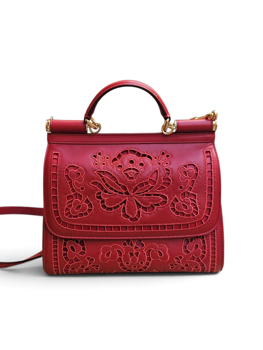 Dolce & Gabbana 'Sicily' Red Leather Laser-Cut Floral Satchel Bag Bolsos de mujer Red