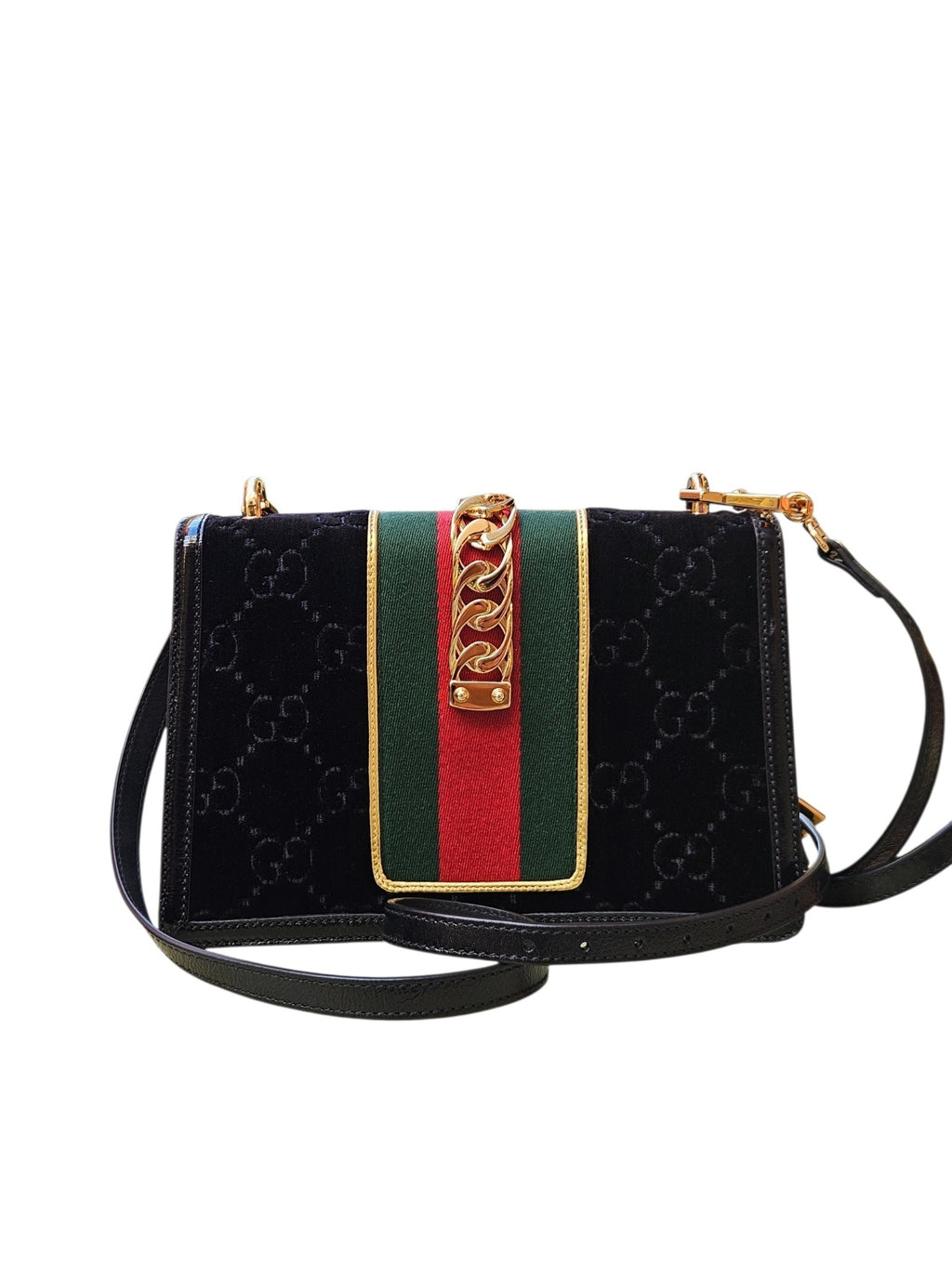 Gucci Sylvie Web Chain Shoulder Bag (Black GG Velvet)