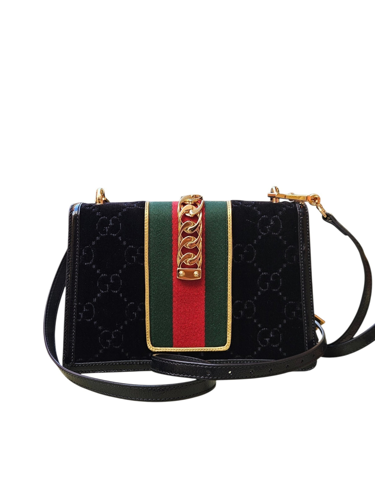 Gucci Sylvie Web Chain Shoulder Bag (Black GG Velvet)