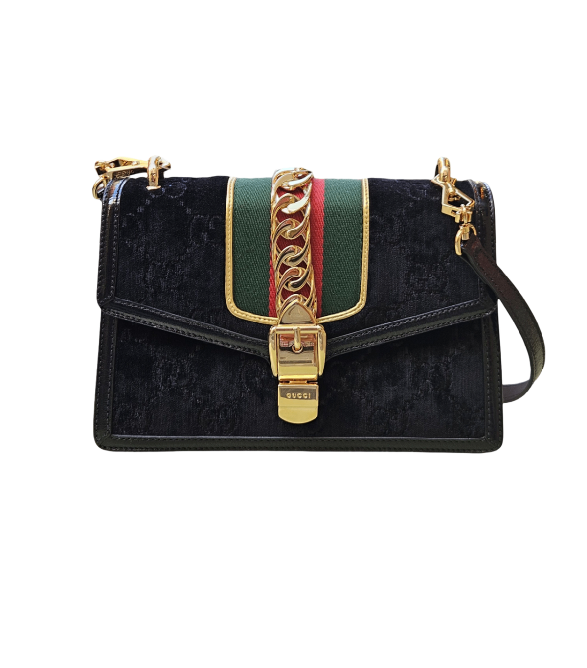 Gucci Sylvie Web Chain Shoulder Bag (Black GG Velvet)