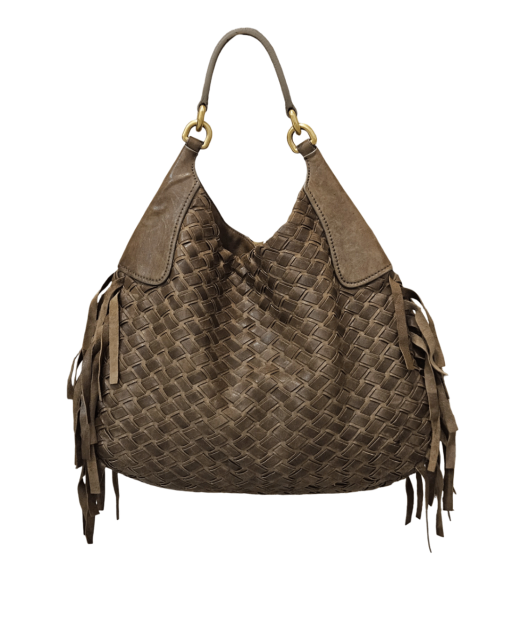Miu Miu Woven Leather Fringe Hobo Bag Beige and Brown