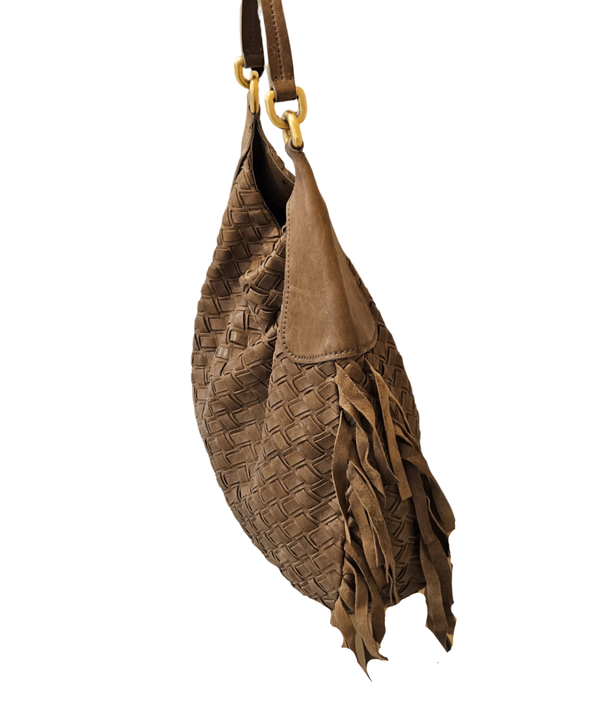 Miu Miu Woven Leather Fringe Hobo Bag Beige and Brown
