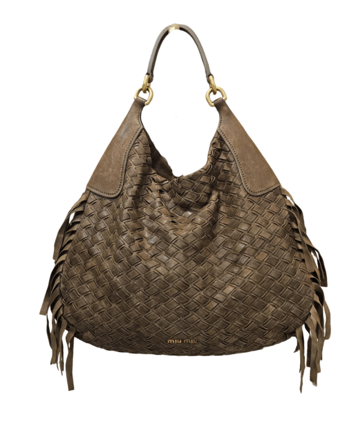 Miu Miu Woven Leather Fringe Hobo Bag Beige and Brown