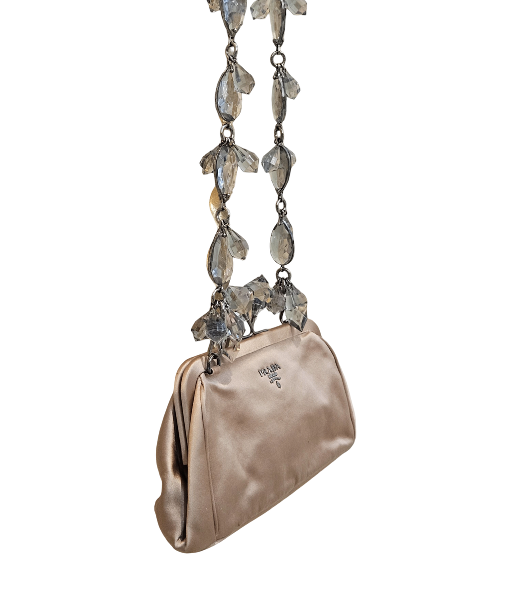 Prada Satin Crystal Kiss Lock Clutch / Shoulder Bag (Champagne)