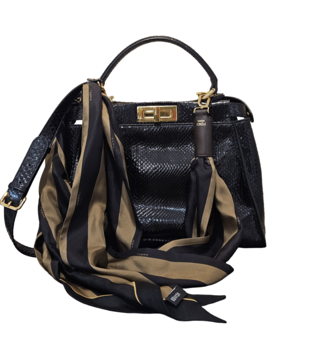Fendi Peekaboo Medium Bag (Black Python with Silk Twilly Scarf) Bolsos de mujer Mediano Negro