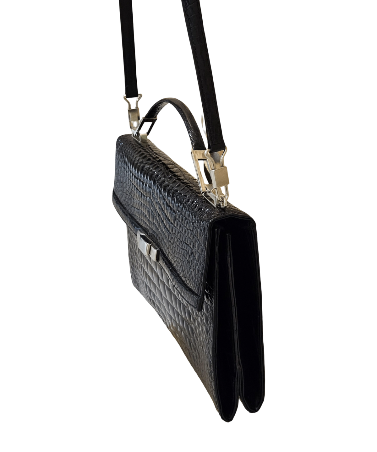 Crocodile-Embossed Leather Structured Top-Handle Bag