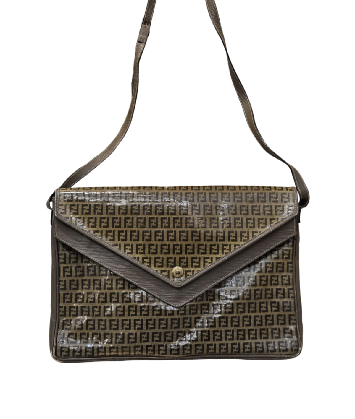Fendi Zucchino Canvas Envelope Crossbody Bag (Brown) Mediano Beige y marrón