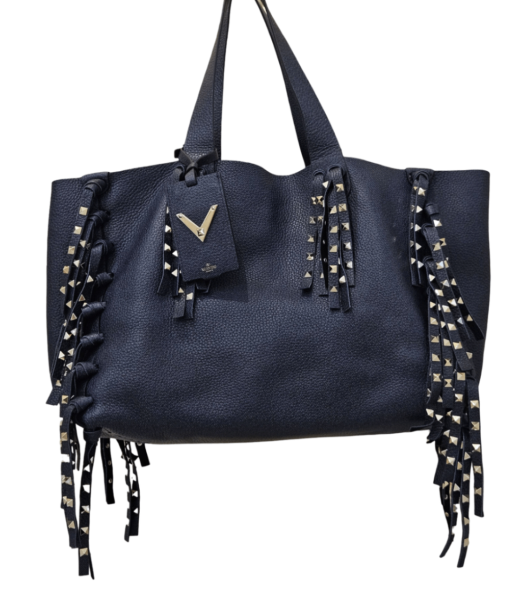  Valentino Garavani Rockstud Fringe Tote Bag  Grande Dark Blue