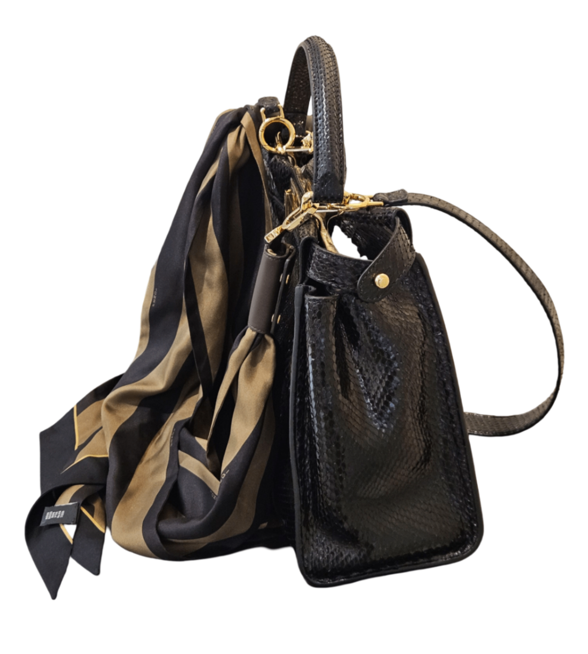 Fendi Peekaboo Medium Bag (Black Python with Silk Twilly Scarf) Bolsos de mujer Mediano Negro