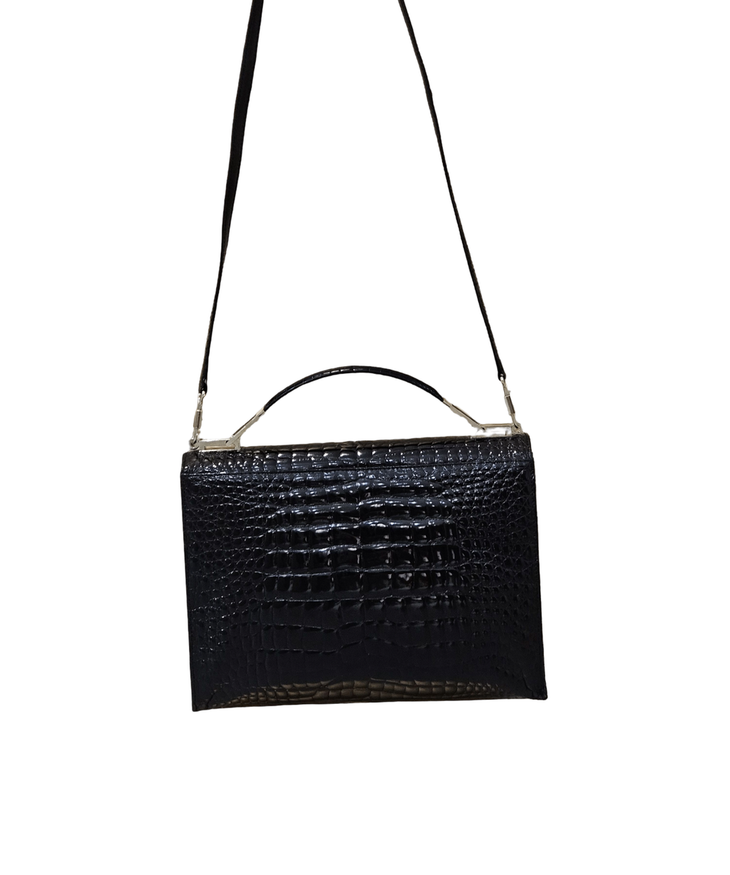 Crocodile-Embossed Leather Structured Top-Handle Bag