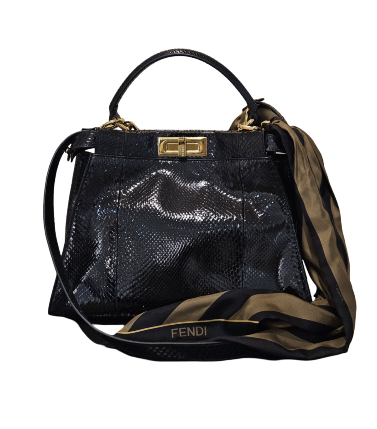 Fendi Peekaboo Medium Bag (Black Python with Silk Twilly Scarf) Bolsos de mujer Mediano Negro