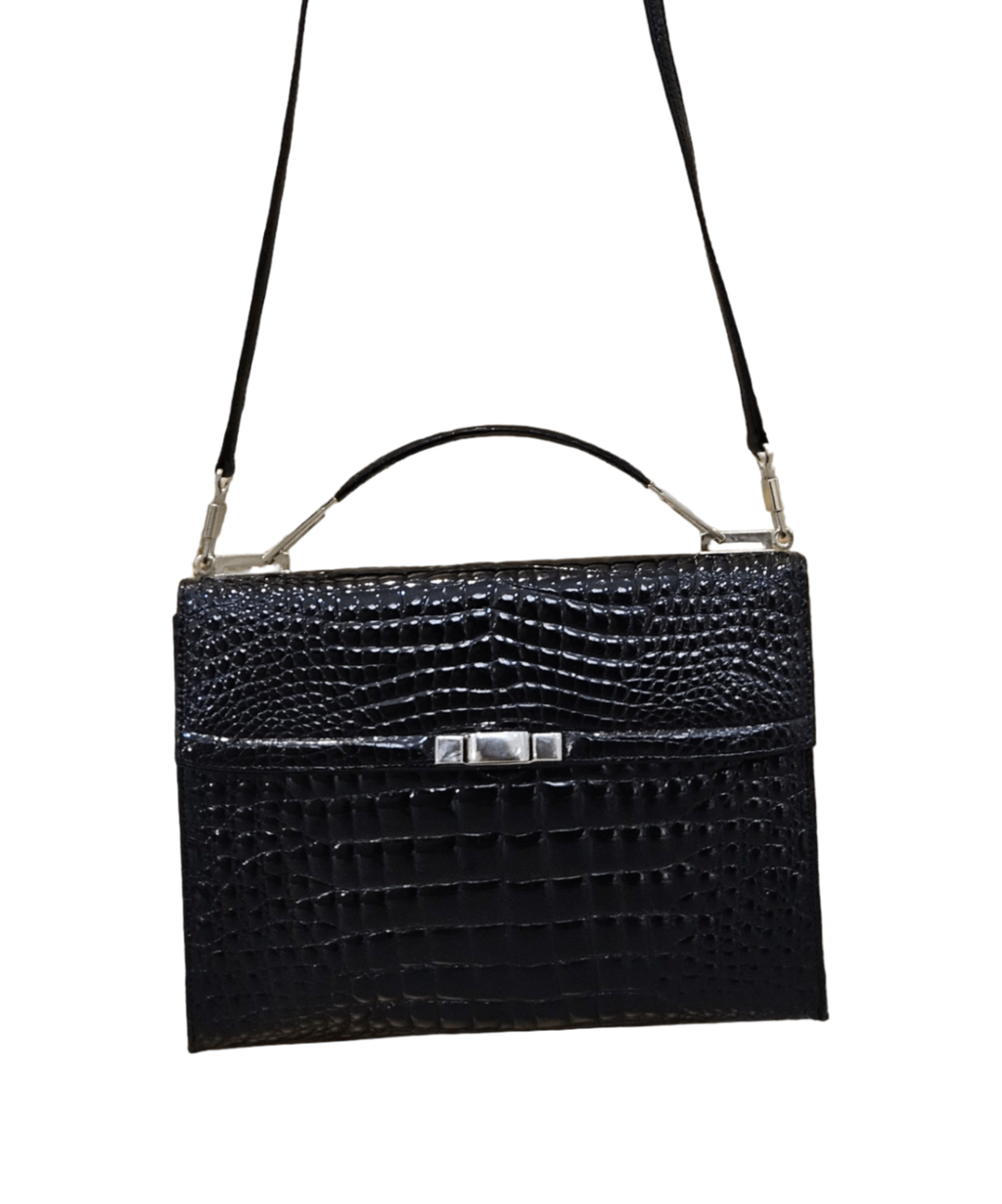 Crocodile-Embossed Leather Structured Top-Handle Bag