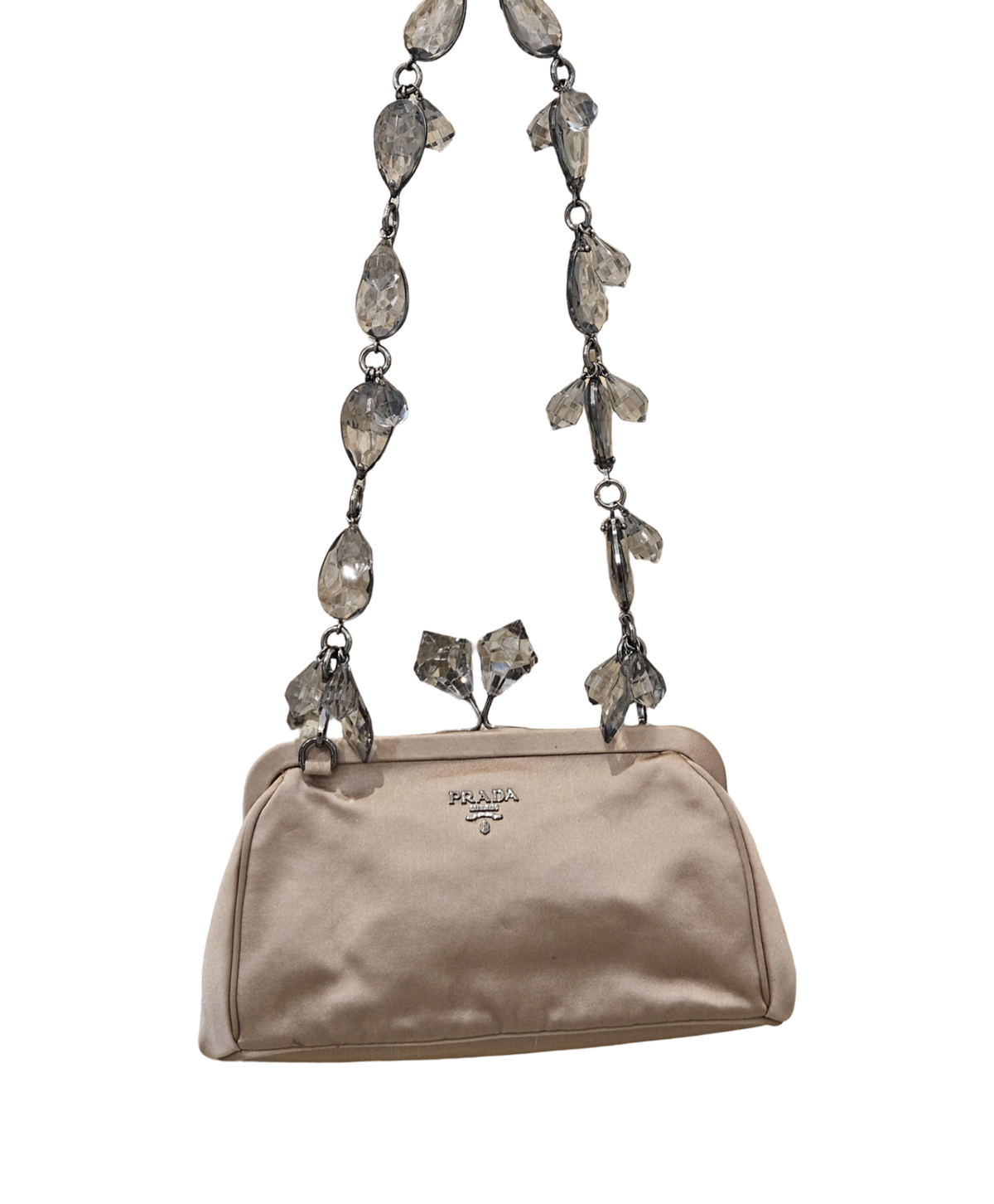 Prada Satin Crystal Kiss Lock Clutch / Shoulder Bag (Champagne)