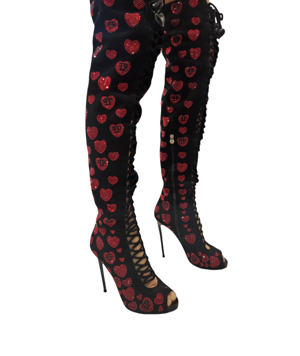 Philipp Plein Crystal Heart Peep-Toe Over-the-Knee Boots (Black/Red) size 41