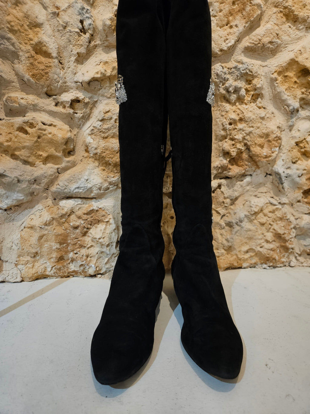 Giuseppe Zanotti  Crystal-Embellished Suede Over-the-Knee Boots with Leopard Pony Hair Heel (Black) size 41