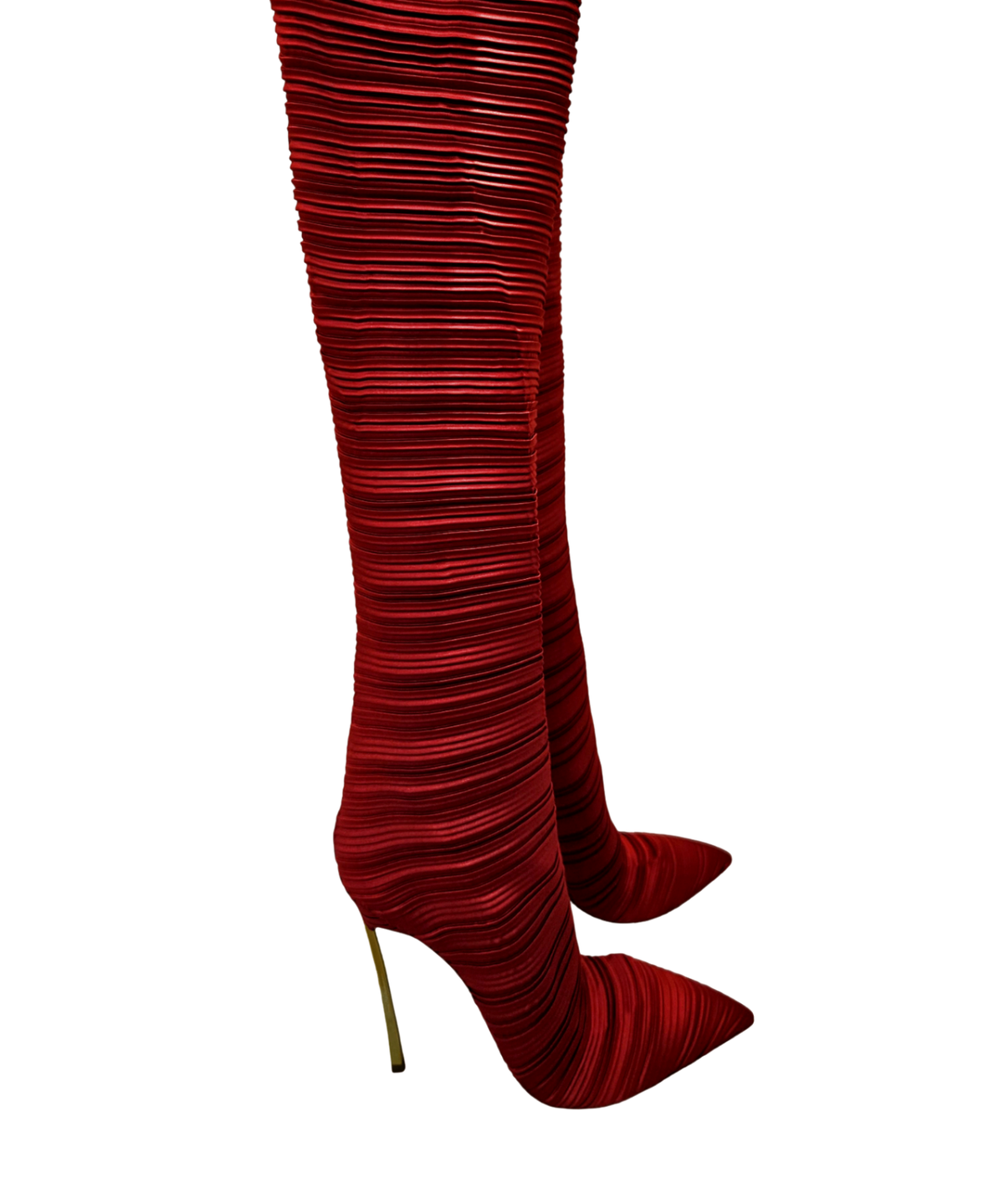 Casadei Blade Pleated Satin Over-the-Knee Boots (Ruby Red) size 41