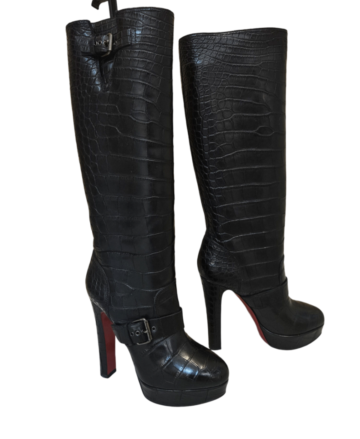 Christian Louboutin Harletty 140 Croc-Embossed Leather Platform Boots (Black) size 41