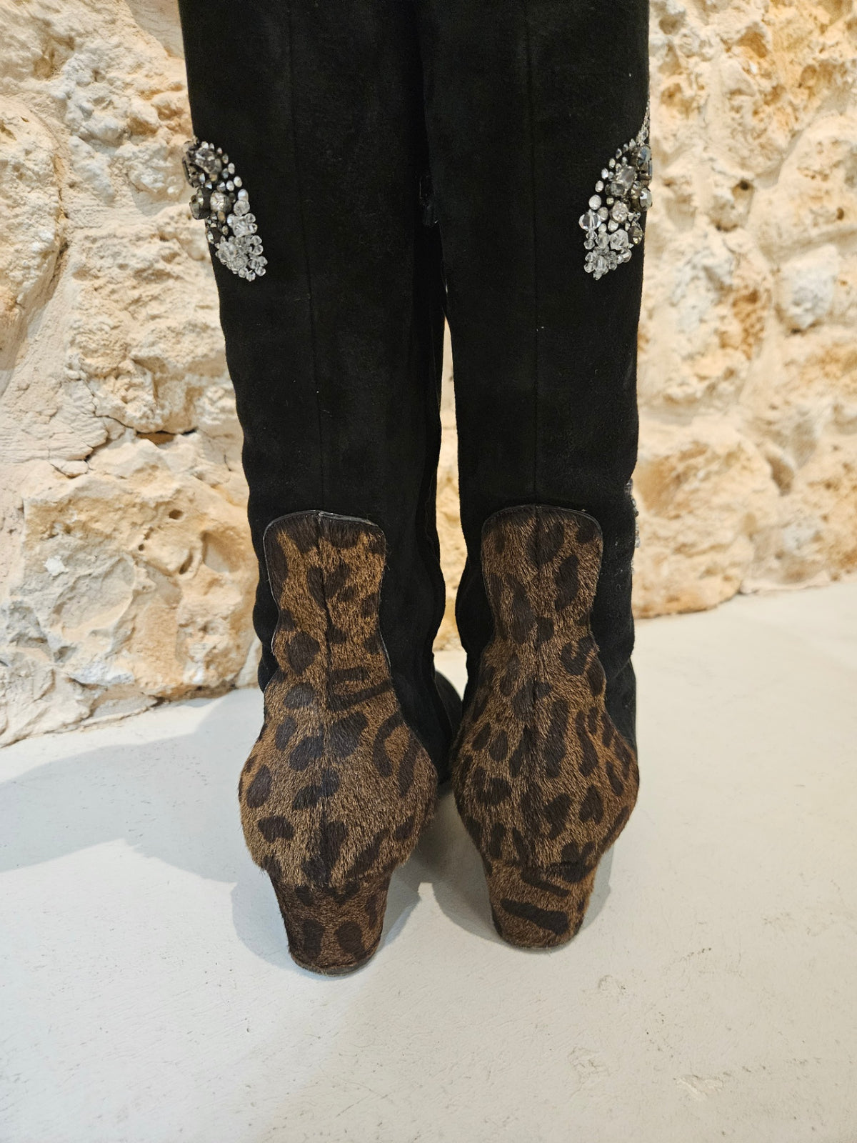 Giuseppe Zanotti  Crystal-Embellished Suede Over-the-Knee Boots with Leopard Pony Hair Heel (Black) size 41