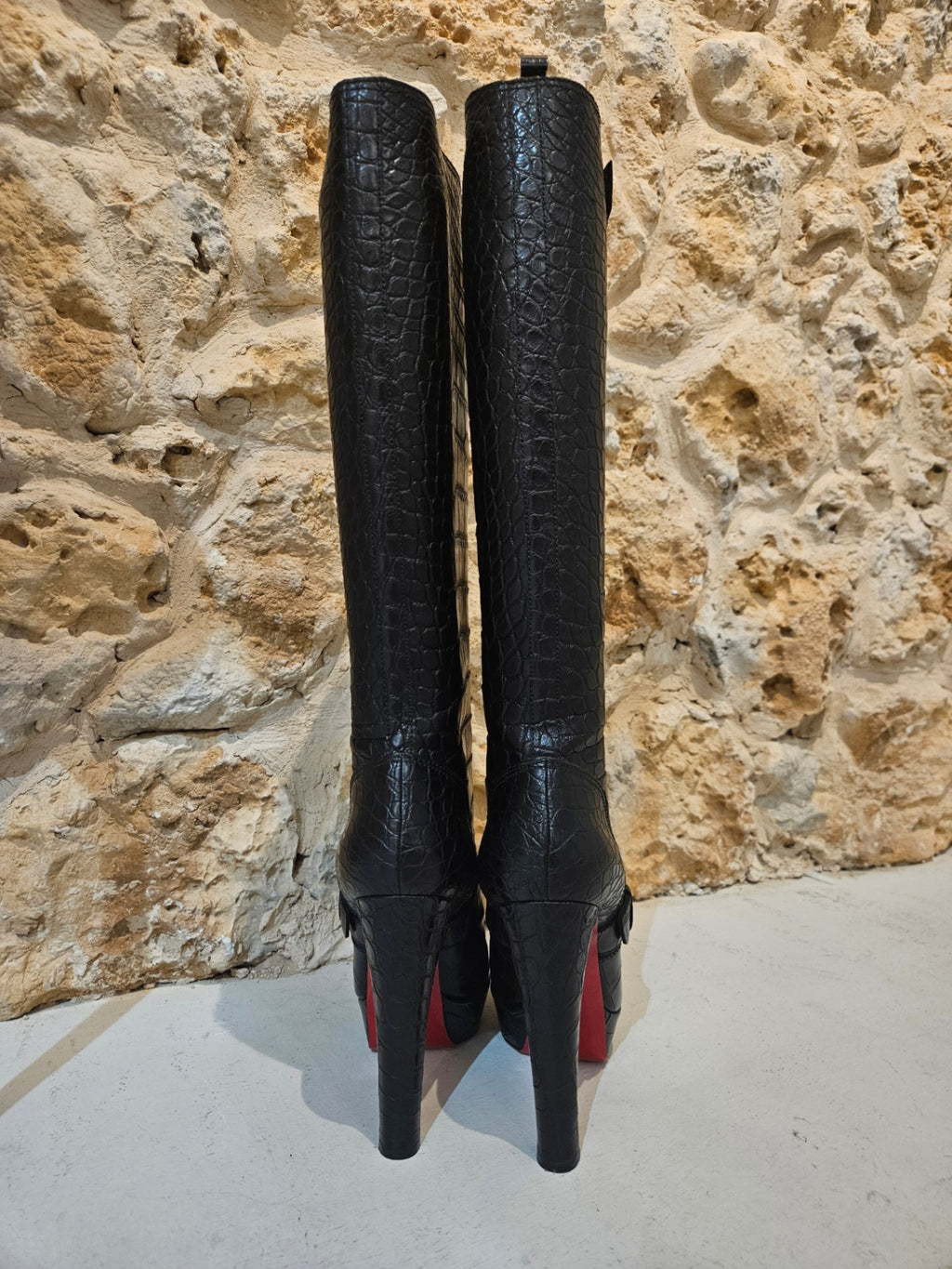 Christian Louboutin Harletty 140 Croc-Embossed Leather Platform Boots (Black) size 41