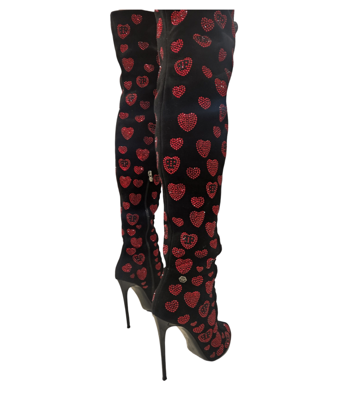 Philipp Plein Crystal Heart Peep-Toe Over-the-Knee Boots (Black/Red) size 41