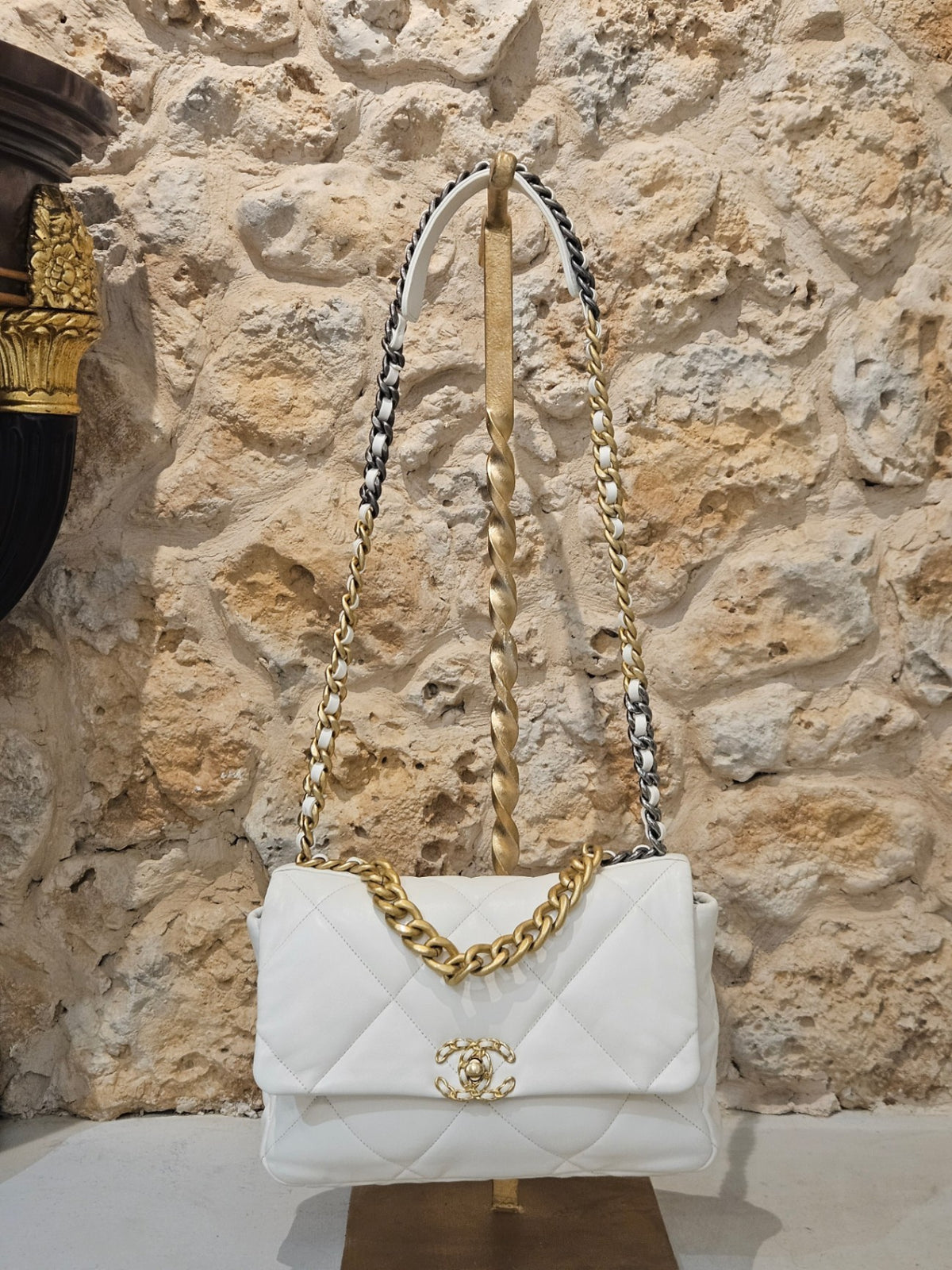 Chanel 19 Large Flap Bag in White Quilted Lambskin (Mixed Metals)